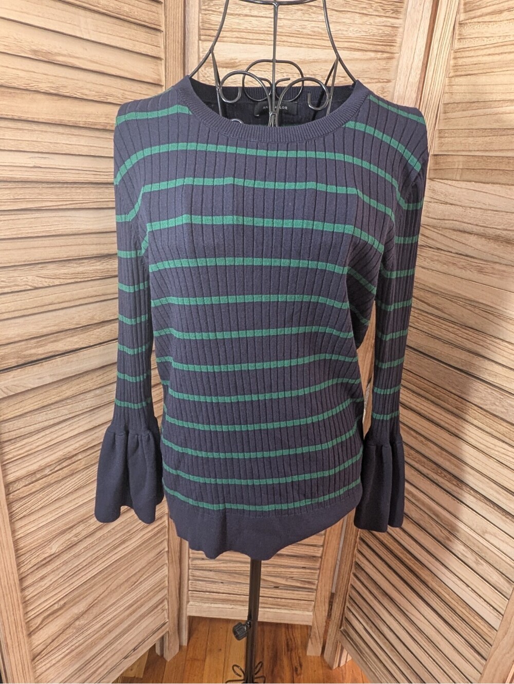 Ann Taylor Navy Blue‎ Green Ribbed Striped Bell Flare Sleeve Sweater Small S